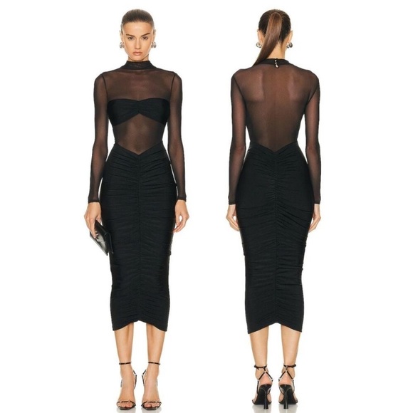 New! SER.O.YA Levina Sheer Ruched Midi Dress Mock Neck Long Sleeve 🖤 XS NWT! - Picture 8 of 14